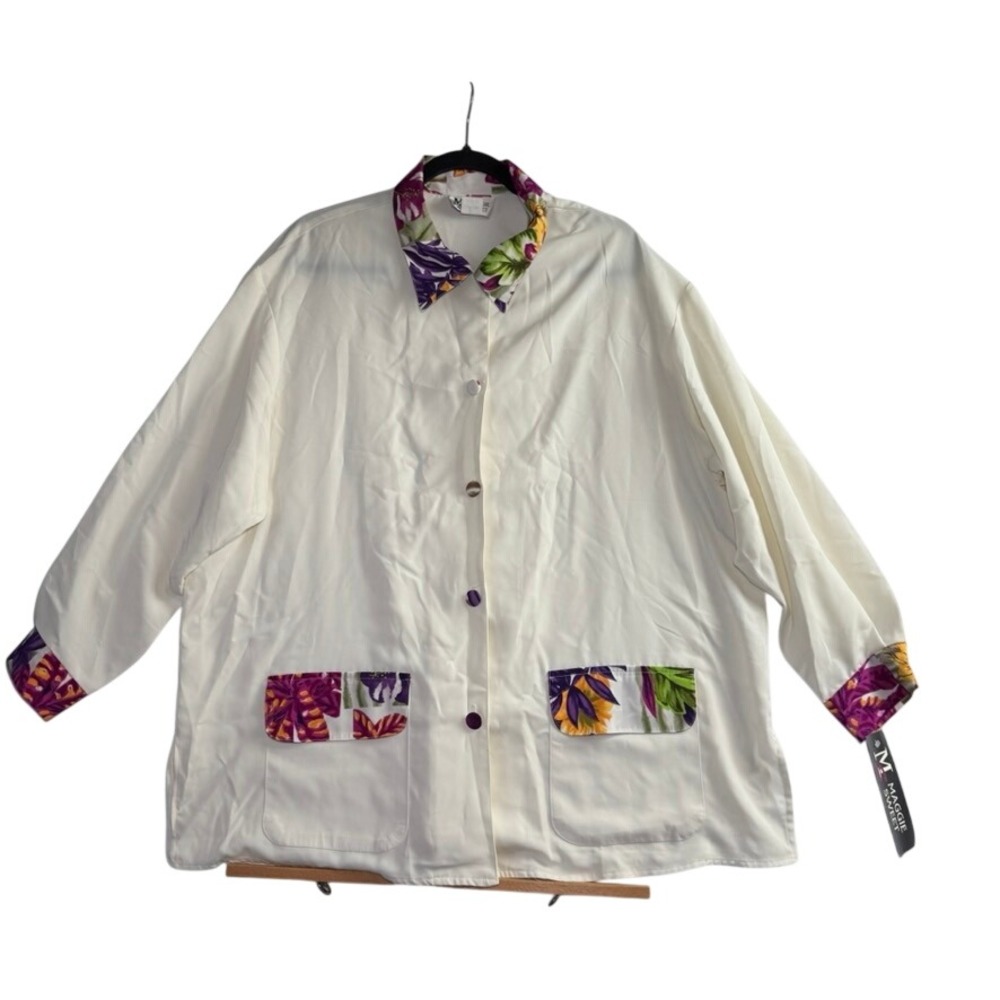 Maggie Sweet White Floral Trim Button Front Jacket Petite 1X Style 5000 USA NWT